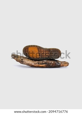 Photo of the soles of winter boots on a white background. Outdoor oster