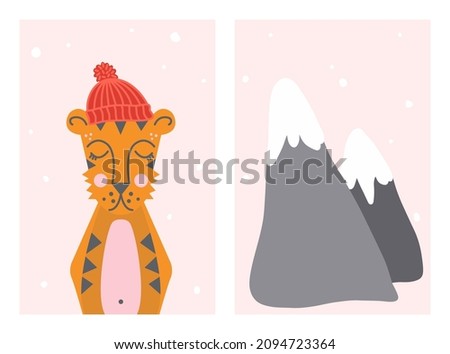 Set of Winter Boho Kids Poster. Cute Hand Drawn Tiger in a Hat and Mountain Landscape. Nursery Wall Decor for Baby Boy And Baby Girl. Vector illustration in Pastel Colors. Flat design.