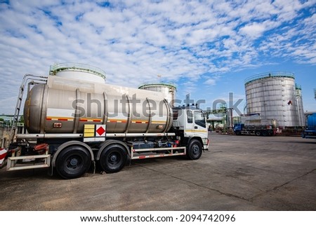 Transportation truck dangerous chemical truck tank stainless is parked in the factory.