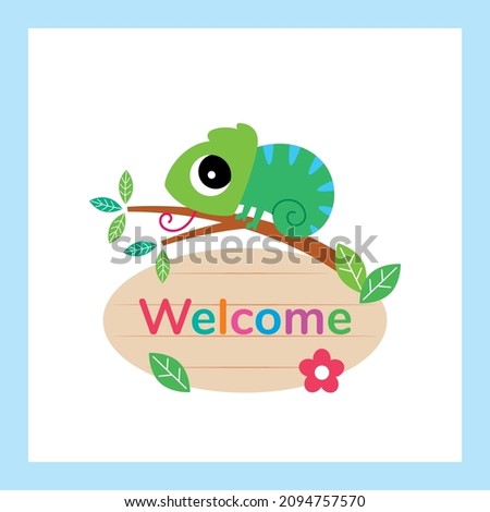 cute chameleon welcome sign board vector