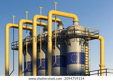 Natural gas tank in gas factory with European union flag Royalty-Free Stock Photo #2094759154