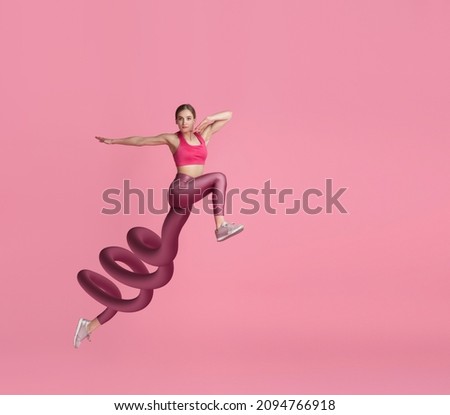 Energy. Young girl, fitness coach, runner leaping isolated on pink background. Modern design, contemporary creative art collage. Inspiration, idea, fantasy, surrealism, ad and style. Sport