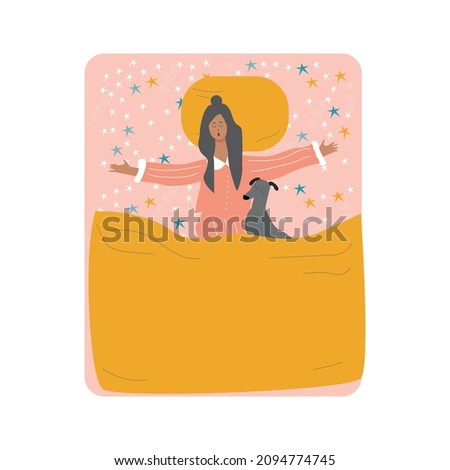 A young girl sleeps with her dog on a large comfortable bed. Vector illustration of rest, relaxation and eight hours of sleep. 