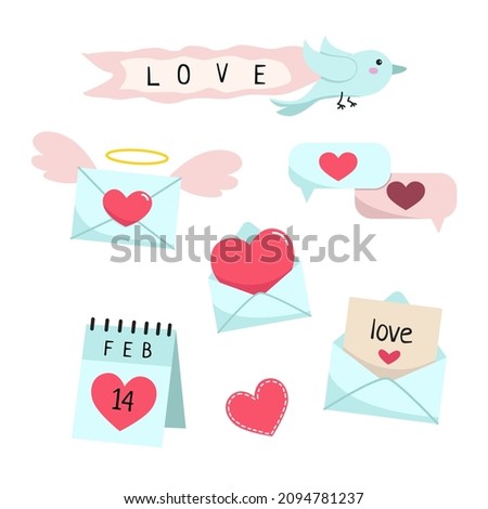 Valentine's Day. Cute letters with hearts vector illustration. Birdie with ribbon love.