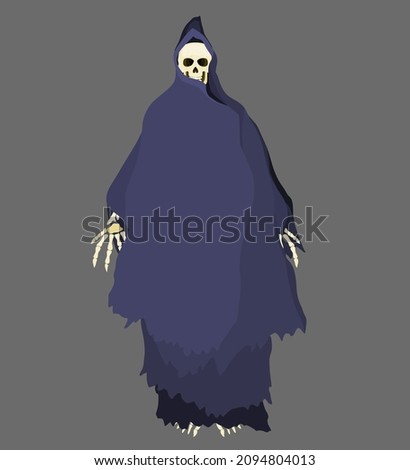 death character in a dark robe skeleton. flat style vector illustration