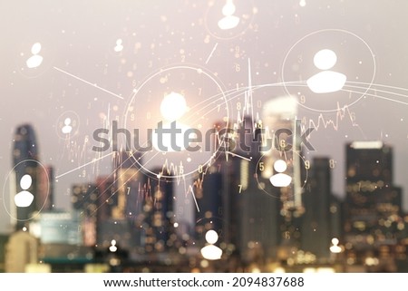 Abstract virtual social network hologram on blurry skyscrapers background. Double exposure