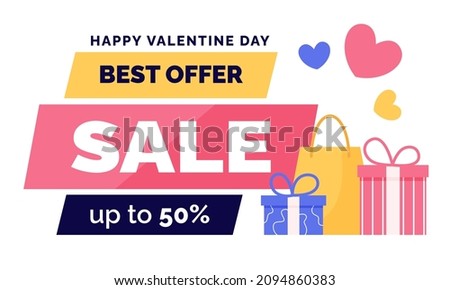 Template of banner for Valentine's Day Sale with present boxes and heart shapes. Flat vector illustration.