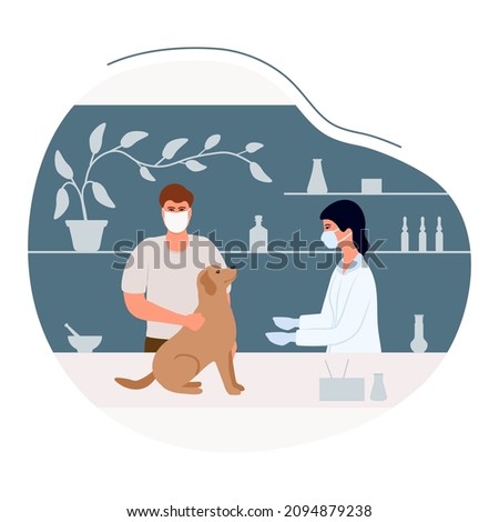 Vector illustration Visit to doctor with dog. Veterinary clinic hospital. Healthcare service. Vet checkup. Veterinarian examining dog. Vet doctor curing pets. Medical center for domestic animals