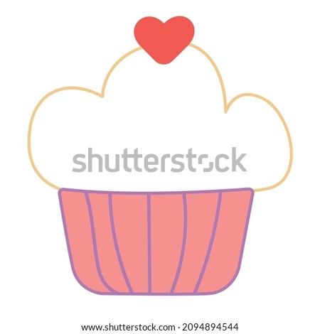 Vector cupcake sticker with heart for valentine's day. Cute cupcake in hand-drawn style isolated on white background. Design elements for postcards, games, logo, wrapping paper, wallpaper, etc.