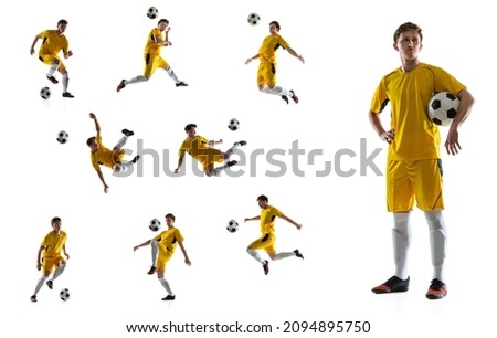 Collage. Portraits of professional football player in yellow uniform training, posing isolated over white background. Concept of sport, active and healthy lifestyle, team game. Copy space for ad Royalty-Free Stock Photo #2094895750