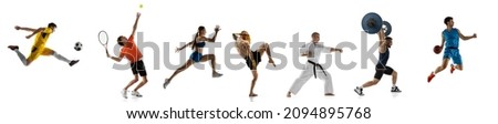 Collage of sportive people standing in a line isolated over white background. Football, tennis, runner, mix fight, karate, athlete, basketball sportsmen. Concept of sport, action, competition and ad.