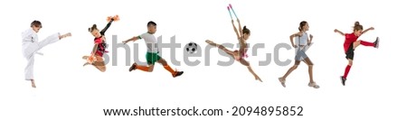 Collage of children, sportsmen posing in action isolated on white background. Football, karate sportsman, runner, cheerleader, rhytmic gymnast. Concept of sportive and active childhood Royalty-Free Stock Photo #2094895852