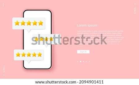 Smartphone with customer feedback. Stars customer review 3d vector. Website or application quality service client feedback. Speech bubble, text message, social media comment. Royalty-Free Stock Photo #2094901411