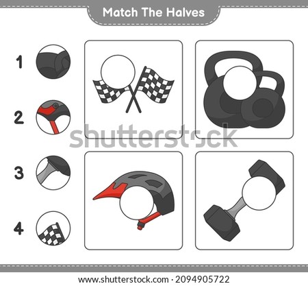 Match the halves. Match halves of Dumbbell, Racing Flags, and Bicycle Helmet. Educational children game, printable worksheet, vector illustration