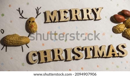 
my little daughter made a postcard using peanut shells. The inscription merry Christmas is laid out on white paper and a deer is made of nuts