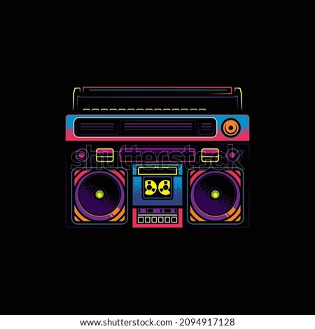 Original vector illustration in vintage style. Boombox. Retro icons portable stereo cassette recorder. T-shirt design. Royalty-Free Stock Photo #2094917128