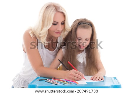 little girl and mother drawing together using color pencils isolated on white background