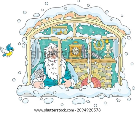 Good old magician and his little kitten looking out of a window in their old village house from a fairy tale on a snowy and cold winter day, vector cartoon illustration isolated on white