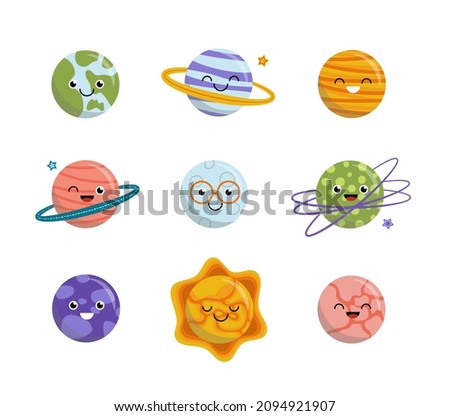 Planets. Bright cartoon childish set of different colorful planents, sun and moon. Clip art. Isolated vector stock illustration EPS 10 on white background