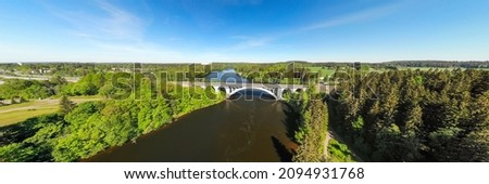 Summer panoramic aerial view of bridge and Kymijoki river waters in Finland, Kymenlaakso, Kouvola, Koria Royalty-Free Stock Photo #2094931768