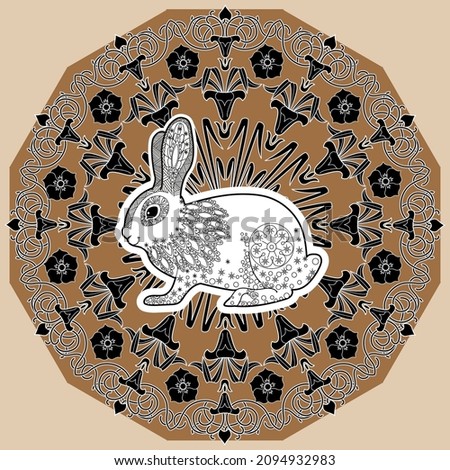 Art therapy coloring page. Outline Mandala and Cute Rabbit for coloring. Decorative round ornament. Anti-stress therapy scheme. Weaving design element.