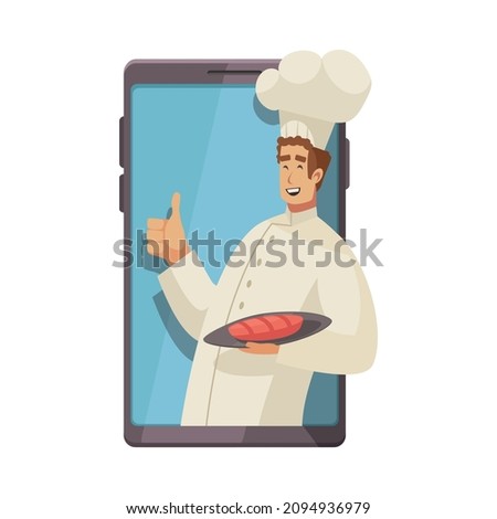 Cooking school courses composition with character of cook leaning out of smartphone screen vector illustration