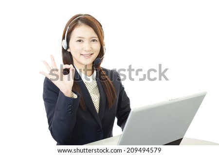 Call center operator with ok hand sign