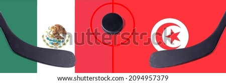 Top view hockey puck with Mexico vs. Tunisia command with the sticks on the flag. Concept hockey competitions