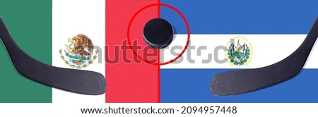 Top view hockey puck with Mexico vs. El Salvador command with the sticks on the flag. Concept hockey competitions