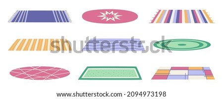 Collection of home carpets flooring. Elements of decoration yoga mat rug. Interior design of the apartment. Colored flat Stock illustration on white background Royalty-Free Stock Photo #2094973198