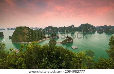 Halong Bay landscape view from the Ti Top Island. Dramatic sky. Halong Bay is the UNESCO World Heritage Site, it is a beautiful natural wonder in northern Vietnam near the Chinese border. Royalty-Free Stock Photo #2094982777
