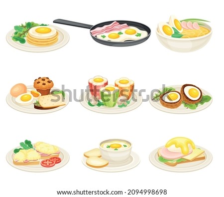 Tasty food dishes for breakfast set. Eggs with vegetables and greenery served on plates vector illustration