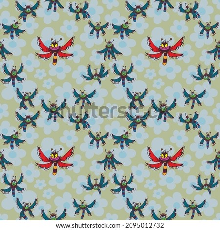 Vector seamless pattern. Ornament with insects and flowers. Design print for textile, fabric, wallpaper, background.