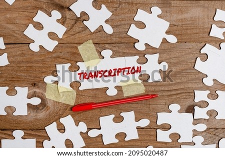 Sign displaying Transcription. Word for Written or printed version of something Hard copy of audio Building An Unfinished White Jigsaw Pattern Puzzle With Missing Last Piece Royalty-Free Stock Photo #2095020487