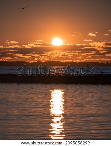 A vertical shot of the ocean on a bright sunset sky background