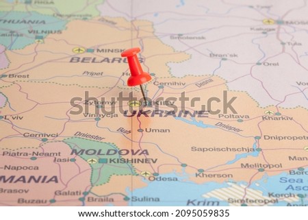 Ukraine, selective focus on Kiev- capital city, pinned on political map  Royalty-Free Stock Photo #2095059835