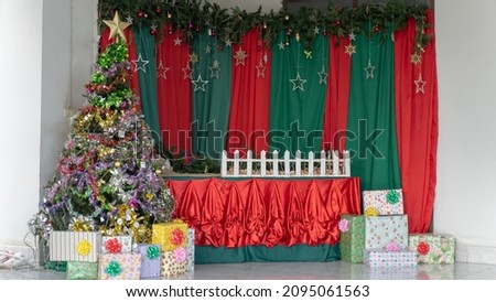Christmas background. Christmas tree and decorations. Winter or New Year concept, copy space.