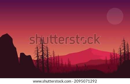 Fantastic mountain views with dry tree silhouettes from the village at dusk. Vector illustration of a city