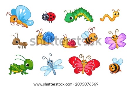 Set of cute multicolored insects. Beetle, ladybug, butterfly, snail, grasshopper, worm, caterpillar, bumblebee, bee and other funny happy characters with outline. Colored flat vector illustration