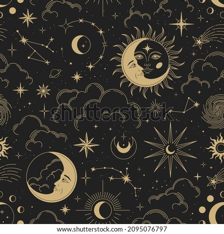 Magic seamless vector pattern with sun, constellations, moons and stars. Gold decorative ornament. Graphic pattern for astrology, esoteric, tarot, mystic and magic. Luxury elegant design. Royalty-Free Stock Photo #2095076797