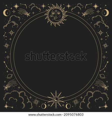 Magic vector frame with sun, moon, stars and constellations. Gold elegant ornament. Mystic frame for tarot, esoteric, astrology design. Template for poster and prints. Royalty-Free Stock Photo #2095076803