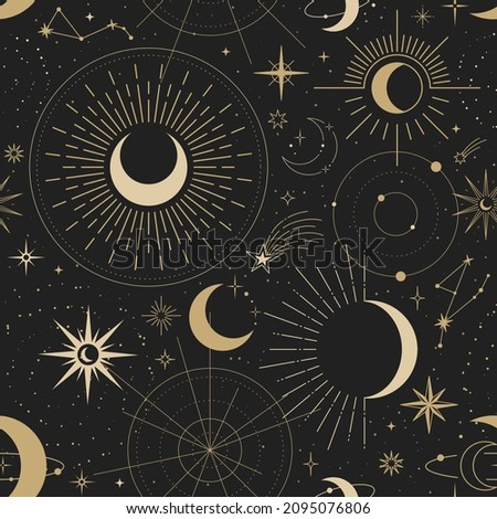 Magic seamless vector pattern with sun, constellations, moons and stars. Gold decorative ornament. Graphic pattern for astrology, esoteric, tarot, mystic and magic. Luxury elegant design. Royalty-Free Stock Photo #2095076806