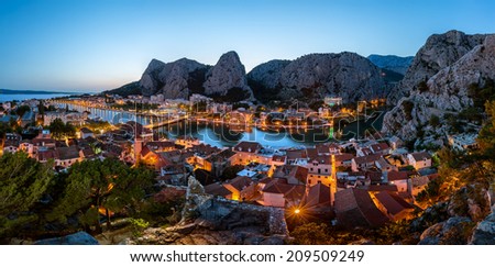 Aerial Panorama of Omis and Cetina River Gorge in the Evening, Dalmatia, Croatia Royalty-Free Stock Photo #209509249