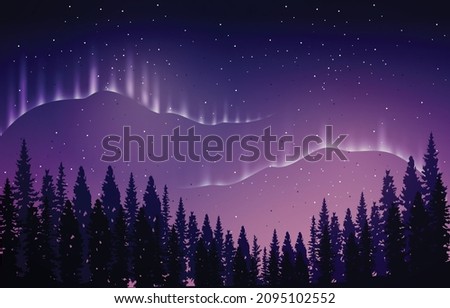 Beautiful Aurora Borealis Sky Light Pine Tree Polar Landscape Illustration