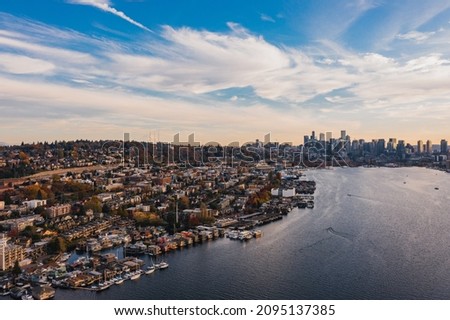An aerial view of the cityscape of Seattle during sunset, South Lake Union