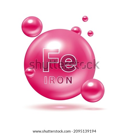 Minerals Iron Fe and Vitamin for health. Medical and dietary supplement health care concept. 3D Vector EPS10 illustration. Isolated on a white background. Royalty-Free Stock Photo #2095139194