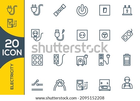 Vector Electricity outline icons. Simple Set of Surge Protector Related Vector Line Icons. Contains such Icons as American European Socket, USB Charge, Child Protection and more. Royalty-Free Stock Photo #2095152208