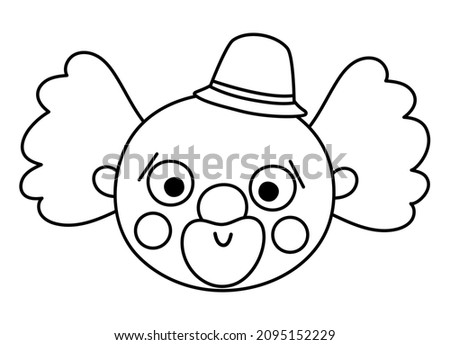 Vector black and white clown face. Circus artist avatar outline clipart. Amusement holiday line icon. Cute funny festival character clip art. Street show comedian illustration or coloring page
