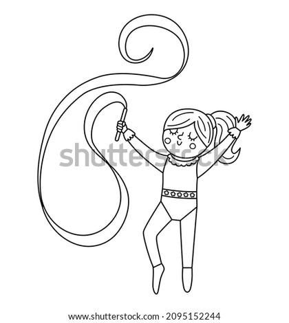 Vector black and white gymnast girl with ribbon. Cute funny acrobat. Circus or sport artist clipart. Amusement holiday line icon. Festival character clip art. Tightrope walker coloring page
