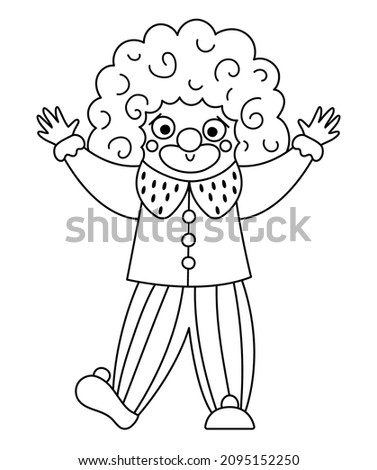 Vector clown line icon. Black and white circus artist clipart. Amusement holiday man. Cute funny festival character coloring page. Street show comedian illustration with hands up

